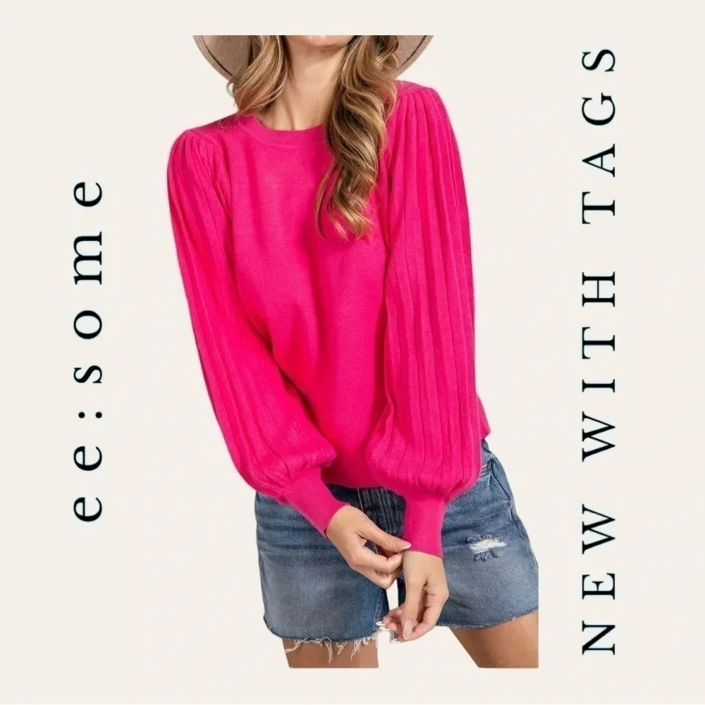 1191.‎ ee:some LONG BALLOON SLEEVE SWEATER HOT PINK IN COLOR SIZE LARGE KNITTED